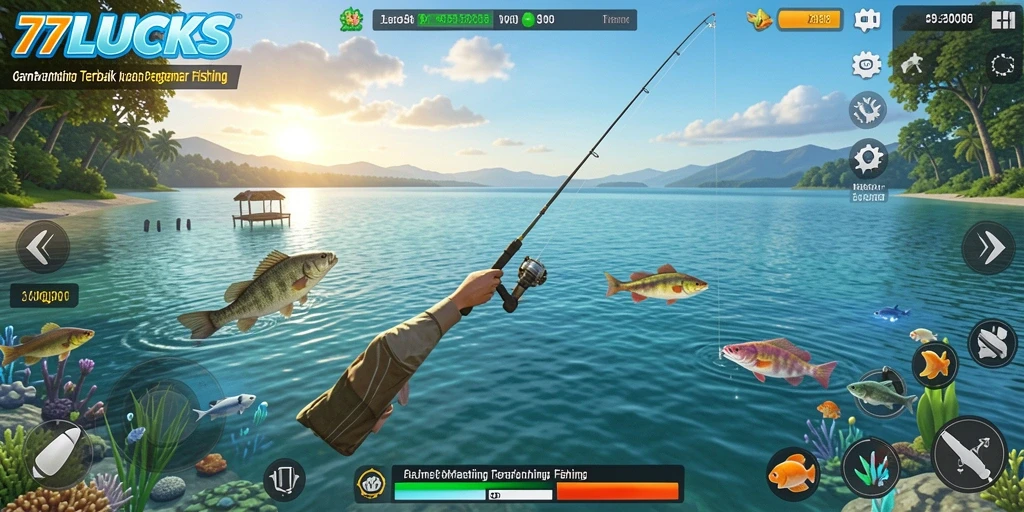 Screenshot gameplay 77LUCKS menampilkan aksi memancing yang seru.