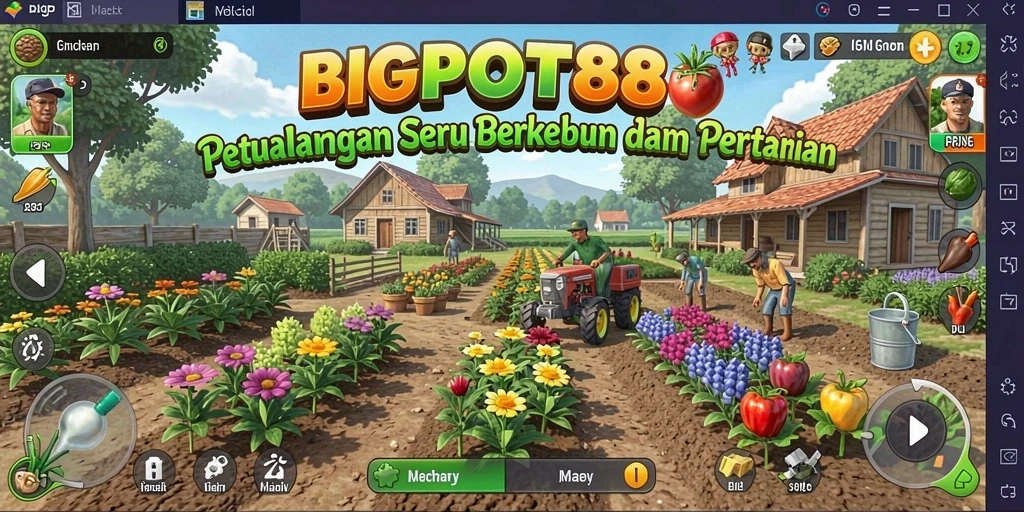 Tampilan gameplay BIGPOT88 dengan kebun yang subur dan beragam tanaman.