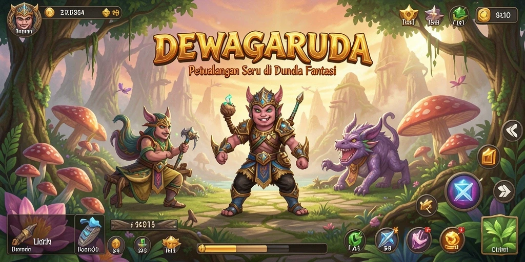 Screenshot utama DEWAGARUDA menampilkan pertarungan epik dan karakter yang beragam.