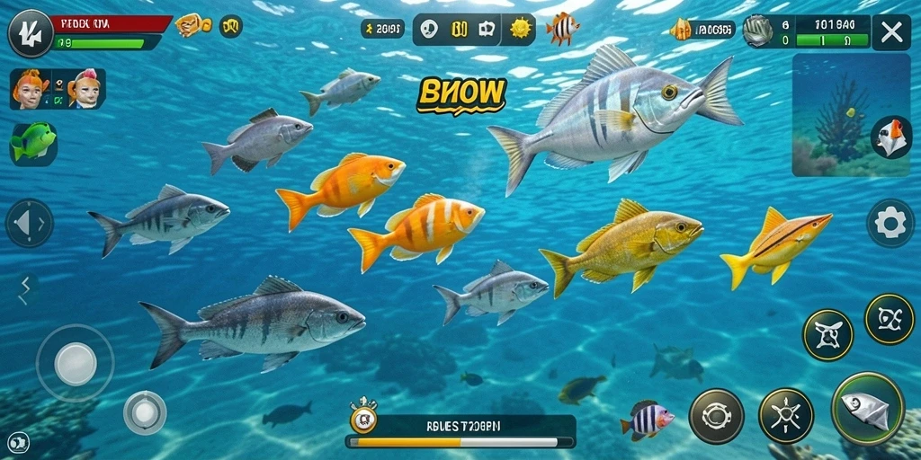 Tampilan gameplay F7F7 dengan ikan berwarna-warni di lautan.