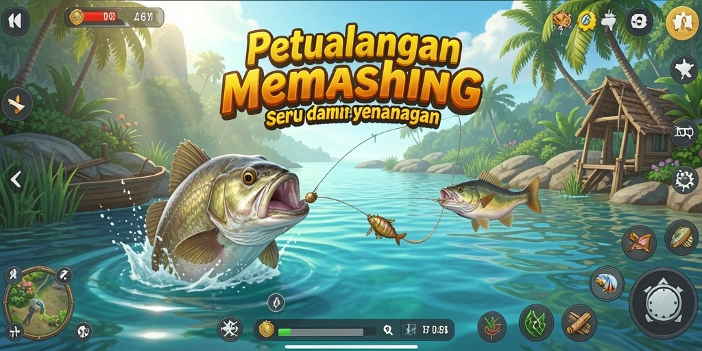 Screenshot utama FO8 menampilkan gameplay memancing yang mendebarkan.