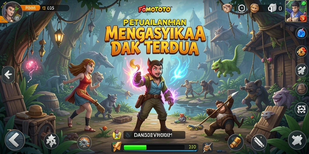 Screenshot utama FOMOTOTO menunjukkan gameplay petualangan yang seru dan penuh warna.