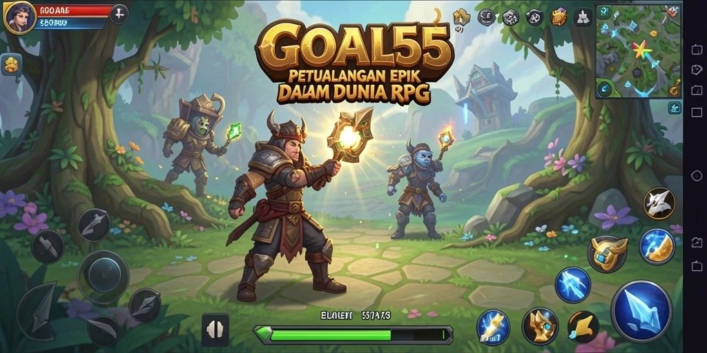 Screenshot menunjukkan karakter heroik dalam pertarungan epik di dunia RPG.