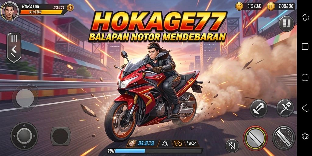 Gameplay seru HOKAGE77 dengan balapan motor yang menantang.