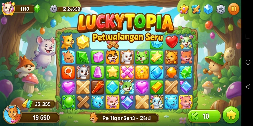 Tampilan permainan LUCKYTOPIA dengan grafis Match-3 yang menarik.