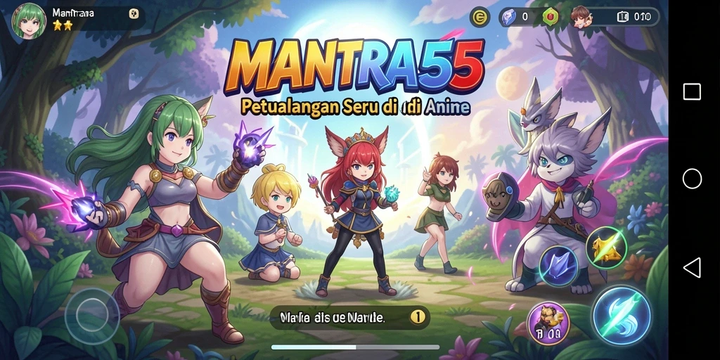 Screenshot MANTRA55 menampilkan aksi pertempuran karakter anime yang dinamis.