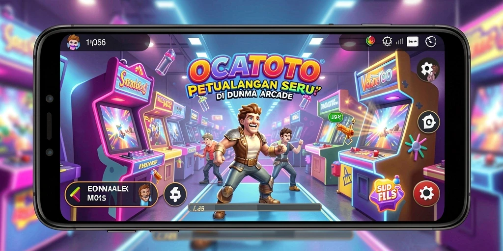 Tampilan gameplay dari OCATOTO dengan karakter yang beraksi di dunia arcade.