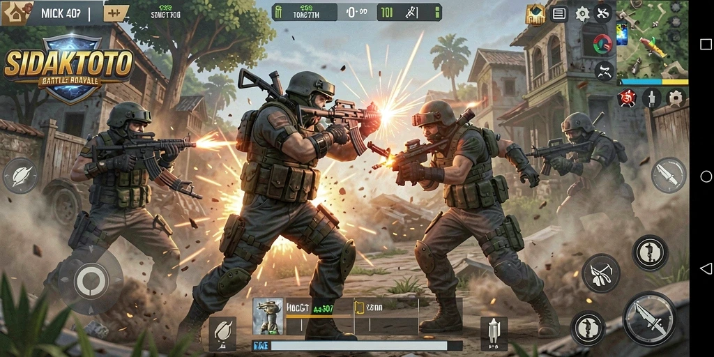 Tangkapan layar utama SIDAKTOTO menunjukkan aksi pertempuran Battle Royale yang intens.