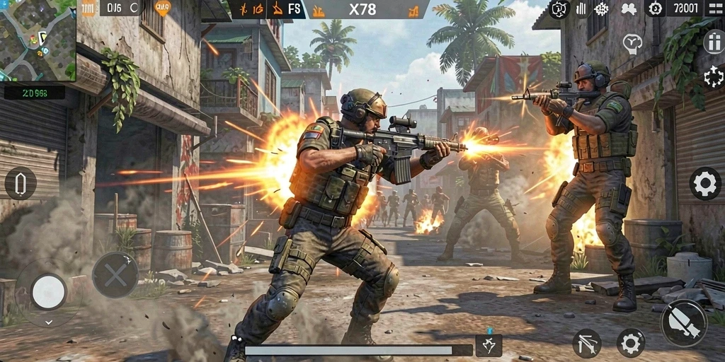Tampilan gameplay mendebarkan dalam X78 dengan aksi tembak-menembak yang intens.